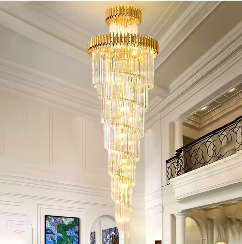 Gold Tall Ceiling Crystal Chandelier